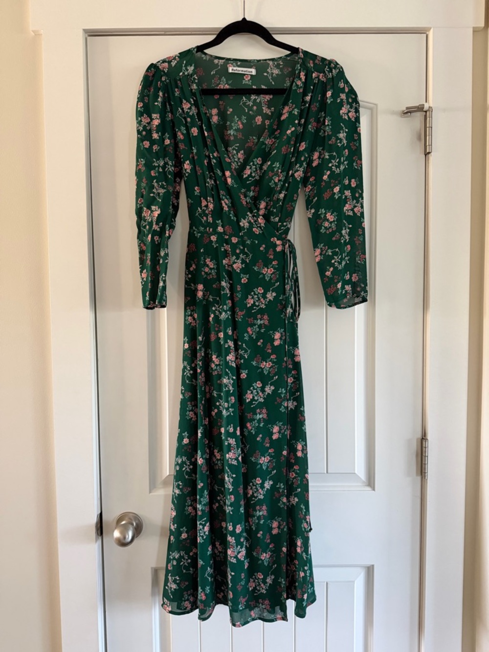 Reformation Green Floral Wrap Maxi Dress with Pink Accents